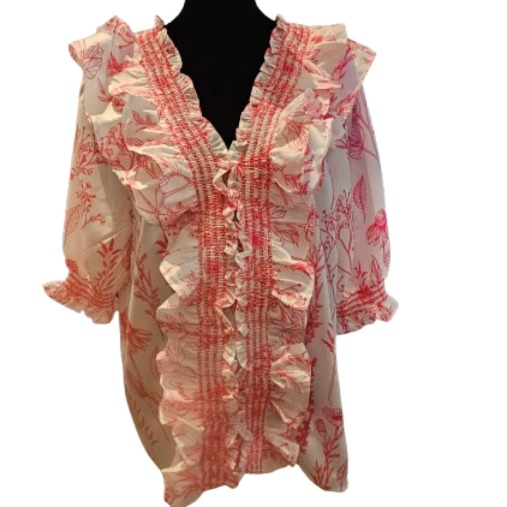Floral Ruffle Blouse - Pink and White. NWOT
